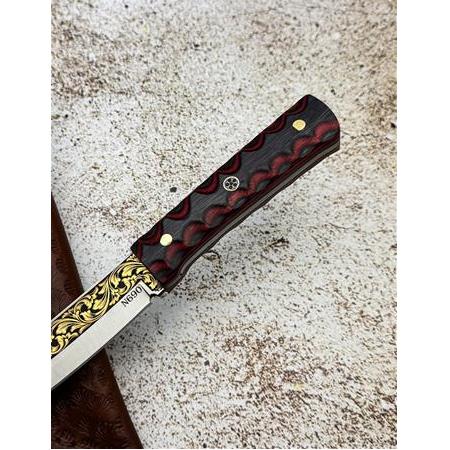 EL YAPIMI ÖZEL ÜRETİM 14 AYAR ALTIN İŞLEMELİ N690 BÖHLER TANTO MODEL, LAMİNE KABZELİ AV KAMP BIÇAĞI