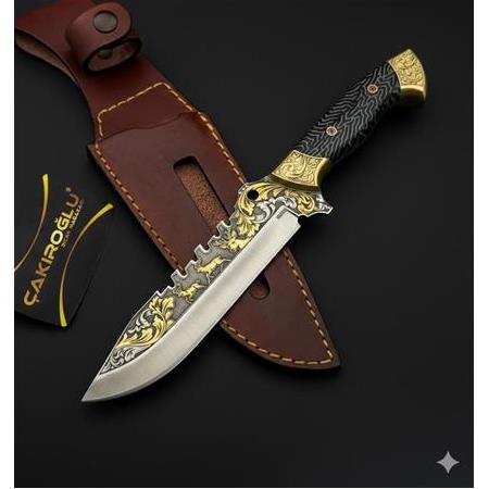 El Yapımı Yerli Üretim N690 Böhler Çelik 24 Ayar Altın İşlemeli Cigarta Kabze Kasatura Bıçağı Ckr615