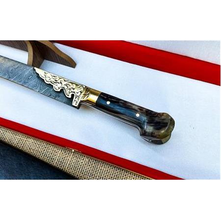 EL YAPIMI PREMİUM VİP ÖZEL ÜRETİM DAMASCUS ŞAM ÇELİK VE BOYNUZ (KEMİK) KABZELİ 80 CM YATAĞAN PALASI