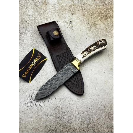 EL YAPIMI ÖZEL ÜRETİM DAMASCUS ÇELİK GEYİK BOYNUZU KABZELİ BÜYÜK BOY BUSHCRAFT AVCI AV KAMP BIÇAĞI