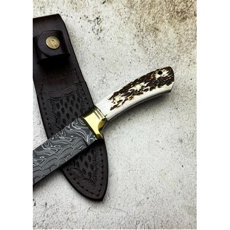 EL YAPIMI ÖZEL ÜRETİM DAMASCUS ÇELİK GEYİK BOYNUZU KABZELİ BÜYÜK BOY BUSHCRAFT AVCI AV KAMP BIÇAĞI
