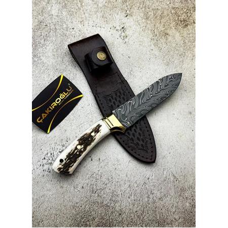 EL YAPIMI ÖZEL ÜRETİM DAMASCUS ÇELİK GEYİK BOYNUZU KABZELİ BÜYÜK BOY BUSHCRAFT AVCI AV KAMP BIÇAĞI