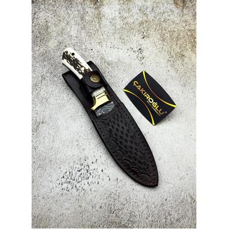 EL YAPIMI ÖZEL ÜRETİM DAMASCUS ÇELİK GEYİK BOYNUZU KABZELİ BÜYÜK BOY BUSHCRAFT AVCI AV KAMP BIÇAĞI