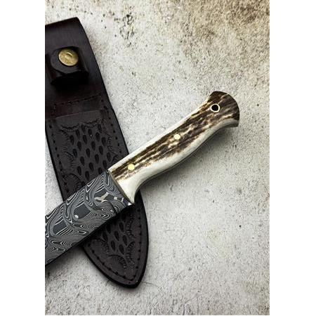 EL YAPIMI ÖZEL ÜRETİM DAMASCUS ÇELİK GEYİK BOYNUZU KABZELİ BUSHCRAFT AV KAMP BIÇAĞI KOD:CKR503-03