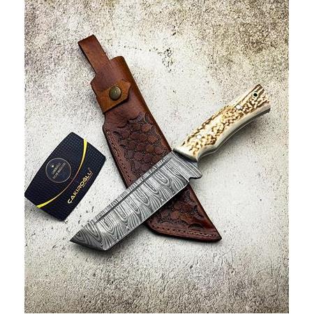 EL YAPIMI TANTO MODEL DAMASCUS ÇELİĞİ GEYİK BOYNUZU KABZELİ AVCI AV KAMP BIÇAĞI KOD:CKR304-02