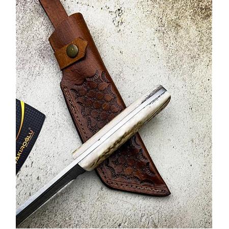 EL YAPIMI TANTO MODEL DAMASCUS ÇELİĞİ GEYİK BOYNUZU KABZELİ AVCI AV KAMP BIÇAĞI KOD:CKR304-02