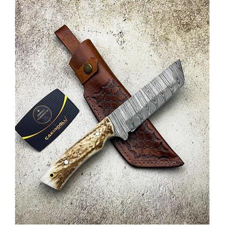 EL YAPIMI TANTO MODEL DAMASCUS ÇELİĞİ GEYİK BOYNUZU KABZELİ AVCI AV KAMP BIÇAĞI KOD:CKR304-02