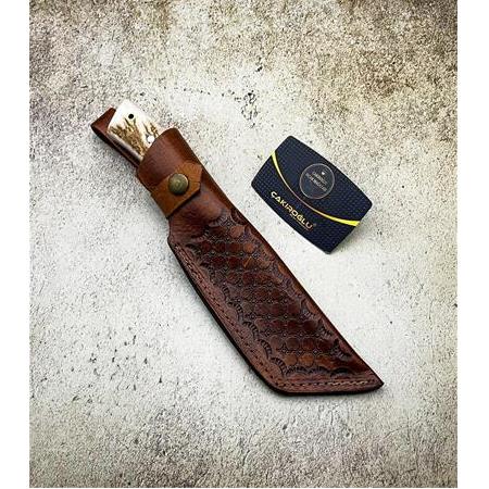 EL YAPIMI TANTO MODEL DAMASCUS ÇELİĞİ GEYİK BOYNUZU KABZELİ AVCI AV KAMP BIÇAĞI KOD:CKR304-02