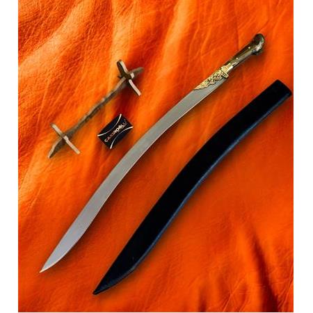 EL YAPIMI YERLİ ÜRETİM AHŞAP STANDLI BOYNUZ (KEMİK) KABZELİ YATAĞAN PALASI KOD:CKR577-05