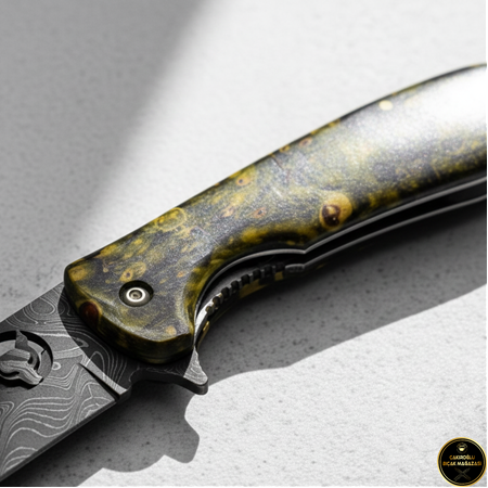 El Yapımı Yerli Üretim Damascus Çelik Stabilize Kabze, Kilit Mekanizmalı Börü Kamp Çakısı Ckr291-04