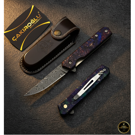 El Yapımı Özel Üretim Damascus Çelik Kilit Mekanizmalı Kemere Takılabilir Av Kamp Çakısı Ckr755-04