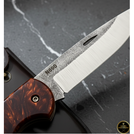 El Yapımı N690 Böhler Çelik Venedik Kırmızısı Epoksi Kehribar Kabze Büyük Boy Kamp Çakısı Ckr852-04