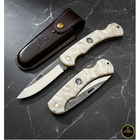 El Yapımı N690 Böhler Çelik Sedef Beyaz Epoksi Kehribar Kabze Büyük Boy Kamp Çakısı Ckr852-03