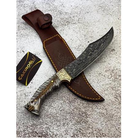 EL YAPIMI ÖZEL BUZ SERİSİ “ŞEHZADE” DAMASCUS ÇELİK GRAVÜRLÜ BALÇAKLI AV KAMP BIÇAĞI KOD:CKR695-03