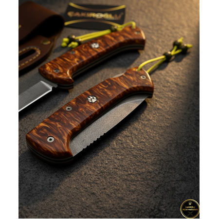 EL YAPIMI N690 BÖHLER KİLİT MEKANİZMALI ATEŞ (ALEV) KIRMIZI EPOKSİ KABZE KAMP ÇAKISI KOD:GÖKTÜRK-20