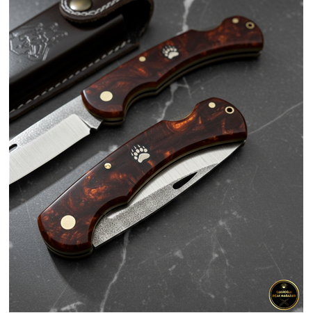 El Yapımı N690 Böhler Çelik Venedik Kırmızısı Epoksi Kehribar Kabze Küçük Boy Kamp Çakısı Ckr852-02