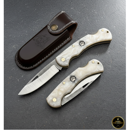 El Yapımı N690 Böhler Çelik Sedef Beyaz Epoksi Kehribar Kabze Küçük Boy Kamp Çakısı Ckr852