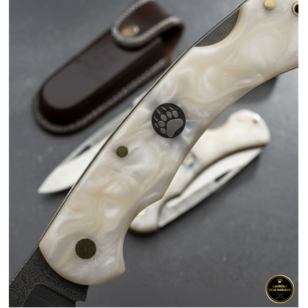 El Yapımı N690 Böhler Çelik Sedef Beyaz Epoksi Kehribar Kabze Küçük Boy Kamp Çakısı Ckr852