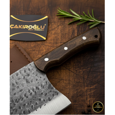 EL YAPIMI YERLİ ÜRETİM DÖVME KARBON ÇELİK DERİ KILIFLI ALMAZAN ŞEF AŞÇI BIÇAĞI KOD:CKR771