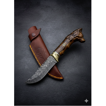 EL YAPIMI DAMASCUS (ŞAM) ÇELİĞİNDEN ÖZEL ÜRETİM KURT BAŞLI KÜÇÜK BOY AVCI AV KAMP BIÇAĞI KOD:0995-09