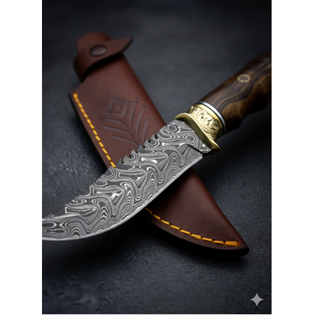 EL YAPIMI DAMASCUS (ŞAM) ÇELİĞİNDEN ÖZEL ÜRETİM KURT BAŞLI KÜÇÜK BOY AVCI AV KAMP BIÇAĞI KOD:0995-09