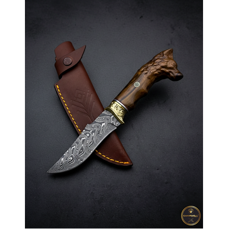 EL YAPIMI DAMASCUS (ŞAM) ÇELİĞİNDEN ÖZEL ÜRETİM KURT BAŞLI KÜÇÜK BOY AVCI AV KAMP BIÇAĞI KOD:0995-08