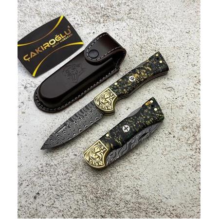 EL YAPIMI DAMASCUS ÇELİK STABİLİZE KABZELİ, SIRTTAN KİLİT MEKANİZMALI AV KAMP ÇAKISI KOD:CKR714-03