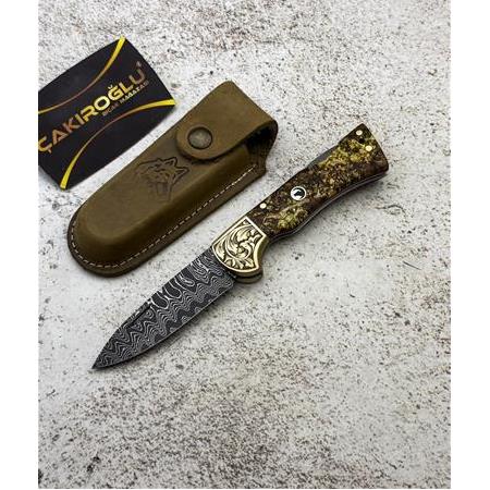 EL YAPIMI DAMASCUS ÇELİK STABİLİZE KABZELİ, SIRTTAN KİLİT MEKANİZMALI AV KAMP ÇAKISI KOD:CKR714-05