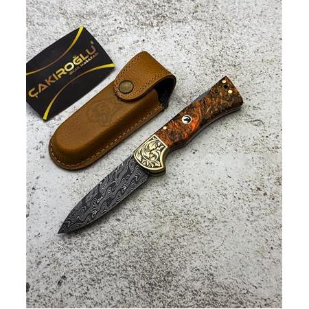 EL YAPIMI DAMASCUS ÇELİK STABİLİZE KABZELİ, SIRTTAN KİLİT MEKANİZMALI AV KAMP ÇAKISI KOD:CKR714-07