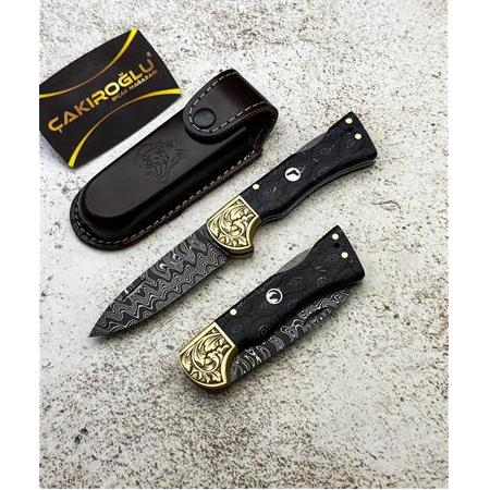 EL YAPIMI DAMASCUS ÇELİK CİGARTA KABZELİ, SIRTTAN KİLİT MEKANİZMALI AV KAMP ÇAKISI KOD:CKR714-08