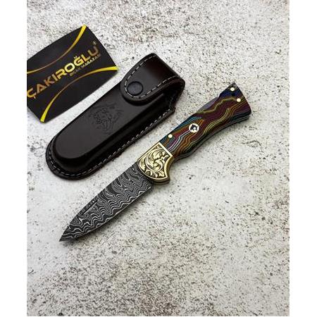 EL YAPIMI DAMASCUS ÇELİK CİGARTA KABZELİ, SIRTTAN KİLİT MEKANİZMALI AV KAMP ÇAKISI KOD:CKR714-10