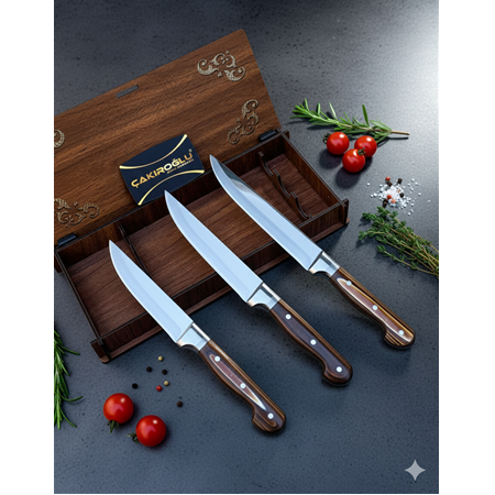 El Yapımı Yerli Üretim Hediyelik Ahşap Kutulu, Verzalit Kabzeli 3 Boy Mutfak Bıçağı Seti