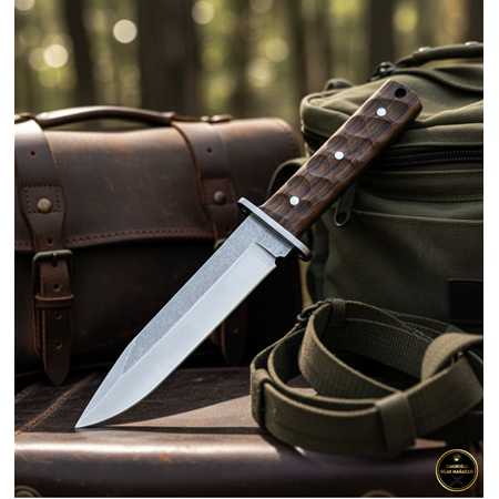 El Yapımı Yerli Üretim İşlemeli Kök Ceviz Kabze, Deri Kılıflı Kasatura Av Kamp Bıçağı