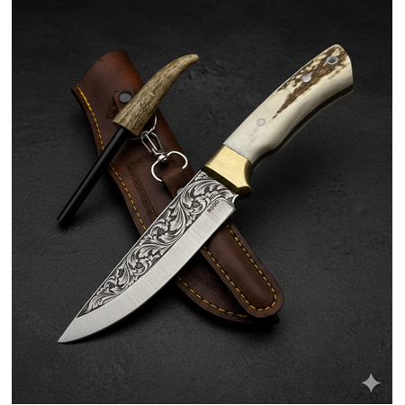 El Yapımı N690 Böhler Çelik Gravür İşlemeli Geyik Boynuzu Magnezyum Çubuklu Kamp Bıçağı Ckr754-02