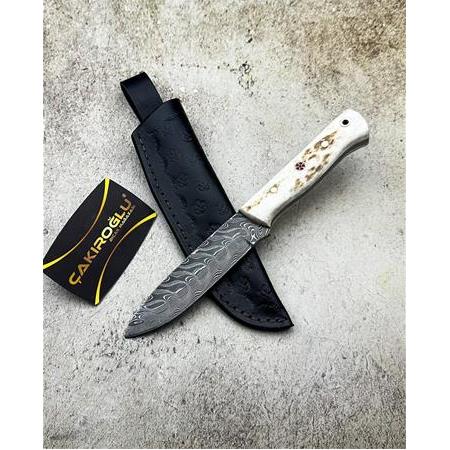 EL YAPIMI ÖZEL ÜRETİM DAMASCUS ÇELİK, GEYİK BOYNUZU KABZELİ BUSHCRAFT AVCI AV KAMP BIÇAĞI KOD:CKR304