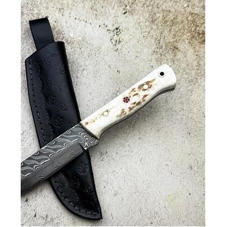 EL YAPIMI ÖZEL ÜRETİM DAMASCUS ÇELİK, GEYİK BOYNUZU KABZELİ BUSHCRAFT AVCI AV KAMP BIÇAĞI KOD:CKR304