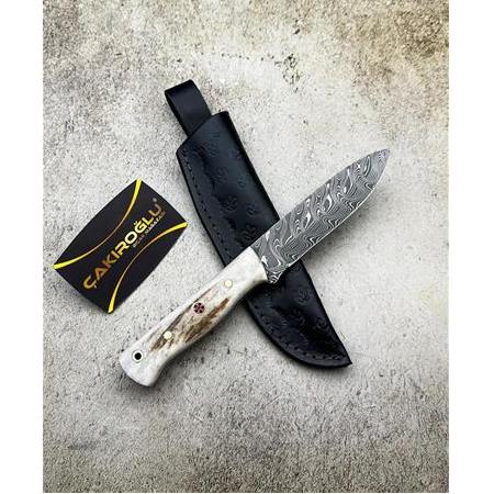 EL YAPIMI ÖZEL ÜRETİM DAMASCUS ÇELİK, GEYİK BOYNUZU KABZELİ BUSHCRAFT AVCI AV KAMP BIÇAĞI KOD:CKR304