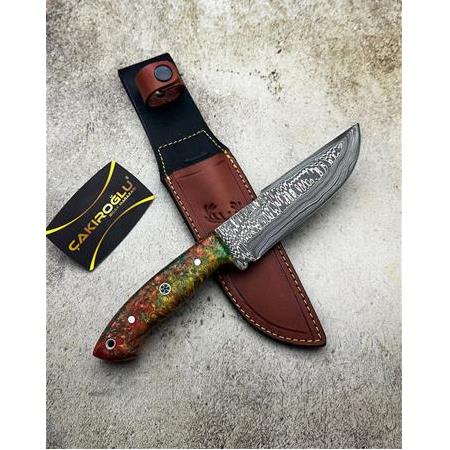 EL YAPIMI ÖZEL ÜRETİM DAMASCUS ÇELİK VE STABİLİZE KABZELİ AVCI AV KAMP BIÇAĞI KOD:CKR449