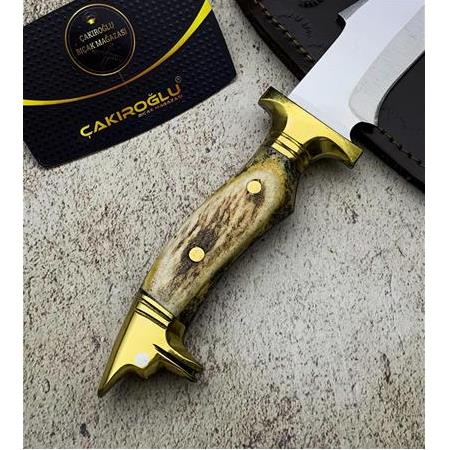 EL YAPIMI YERLİ ÜRETİM GEYİK BOYNUZU KABZELİ KURT BAŞLI KÜÇÜK BOY KASATURA KAMP BIÇAĞI KOD:CKR320-07