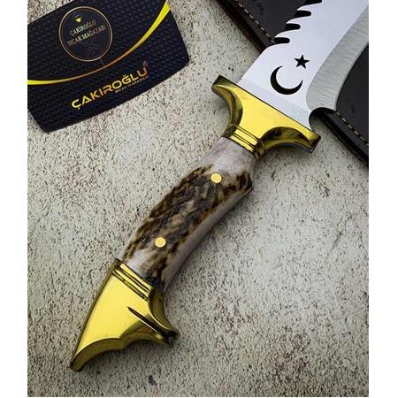 EL YAPIMI AY YILDIZLI GEYİK BOYNUZU KABZELİ KURT BAŞLI BÜYÜK BOY KASATURA KAMP BIÇAĞI KOD:CKR320-21