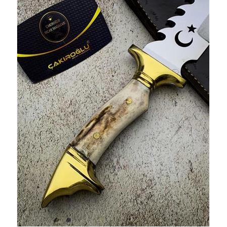 EL YAPIMI AY YILDIZLI GEYİK BOYNUZU KABZELİ KURT BAŞLI BÜYÜK BOY KASATURA KAMP BIÇAĞI KOD:CKR320-22