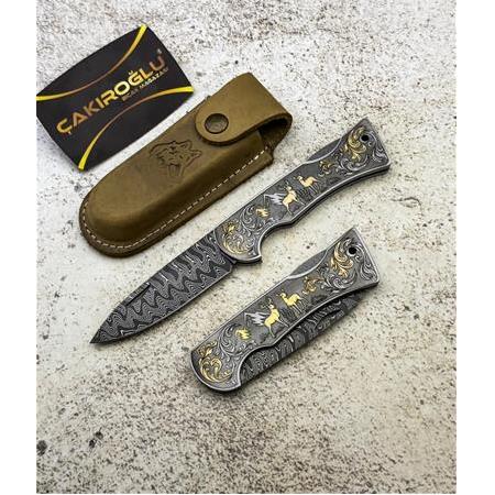 EL YAPIMI DAMASCUS ÇELİK 14 AYAR ALTIN GRAVÜR İŞLEMELİ ÇELİK KABZELİ AV KAMP ÇAKISI KOD:CKR714-12