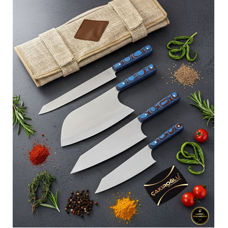 EL YAPIMI YERLİ ÜRETİM KORUMA ÇANTALI, VERZALİT KABZELİ 4’LÜ PROFESYONEL ŞEF BIÇAĞI SETİ KOD:CKR697