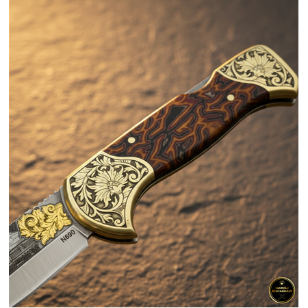 El Yapımı Yerli Üretim N690 Böhler Çelik 24 Ayar Altın İşleme G.Carta Kabzeli Kamp Çakısı Ckr849-02