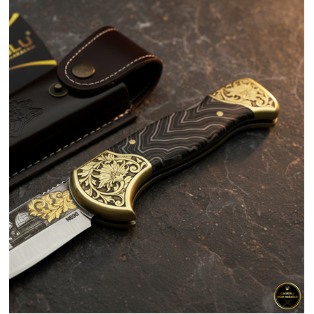 El Yapımı Yerli Üretim N690 Böhler Çelik 24 Ayar Altın İşleme G.Carta Kabzeli Kamp Çakısı Ckr849