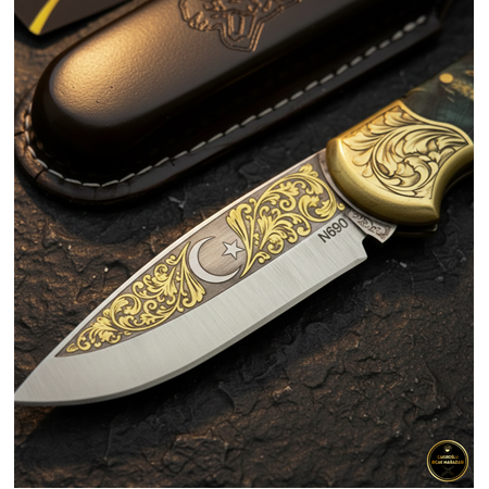 El Yapımı Yerli Üretim N690 Böhler Çelik 24 Ayar Altın İşleme Stabilize Kabze Kamp Çakısı Ckr848-03