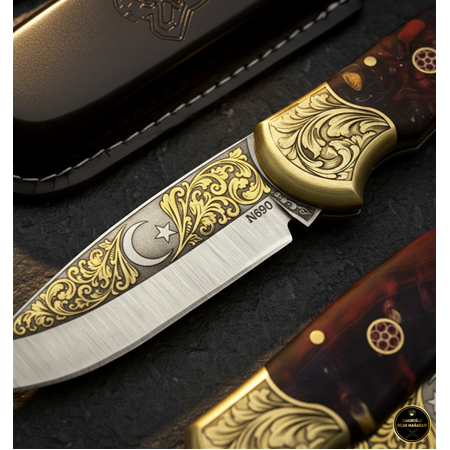 El Yapımı Yerli Üretim N690 Böhler Çelik 24 Ayar Altın İşleme Stabilize Kabze Kamp Çakısı Ckr848-02