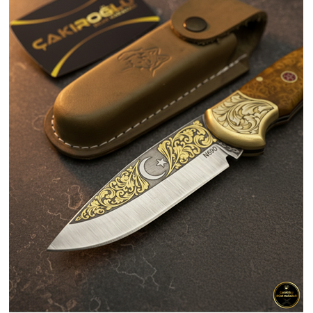 El Yapımı Yerli Üretim N690 Böhler Çelik 24 Ayar Altın İşlemeli Stabilize Kabzeli Kamp Çakısı Ckr848