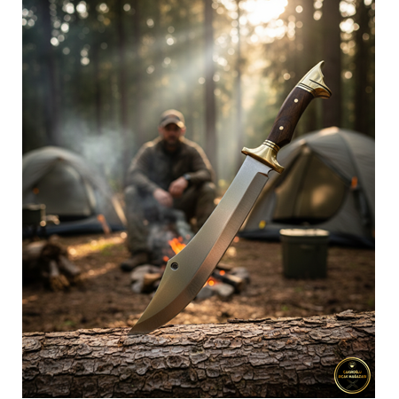 El Yapımı Kurt Başlı Kök Ceviz Kabzeli Pirinç Balçaklı Sallama Pala Kamp Bıçağı Ckr504-05