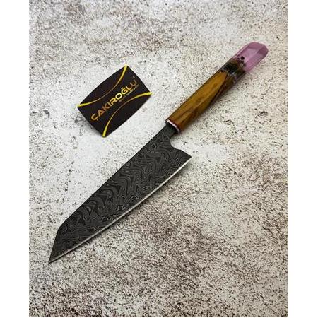 EL YAPIMI DAMASCUS ÇELİK ZEYTİN AĞACI VE EPOKSİ KABZELİ SANTOKU ŞEF AŞÇI BIÇAĞI KOD:CKR717-02